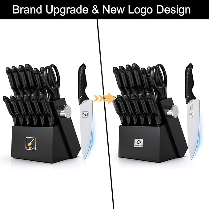 imarku Knife Set with Block, Sharp Knives Set with Built-in Sharpener, Stainless Steel Kitchen Knife Sets with Non-Slip Ergonomic Handle, Dishwasher Safe, 14 PCS Professional Knife Set for Gift, Black - Image 2