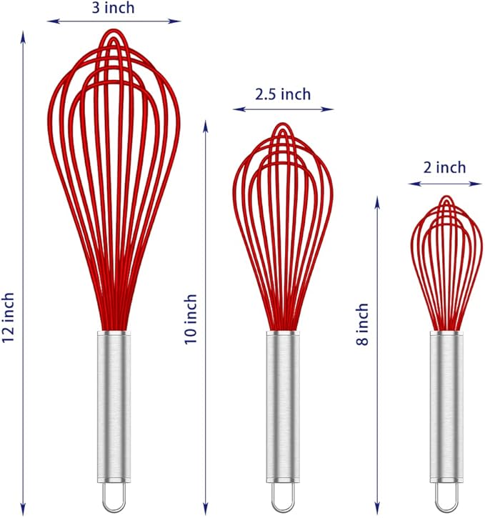 OYV Silicone Rubber Whisk,Premium Whisks For Cooking Non Scratch,Stainless Steel & Silicone Wisk For Nonstick Cookware Pans, High Heat Resistant kitchen Whisks set of 3,Red - Image 7