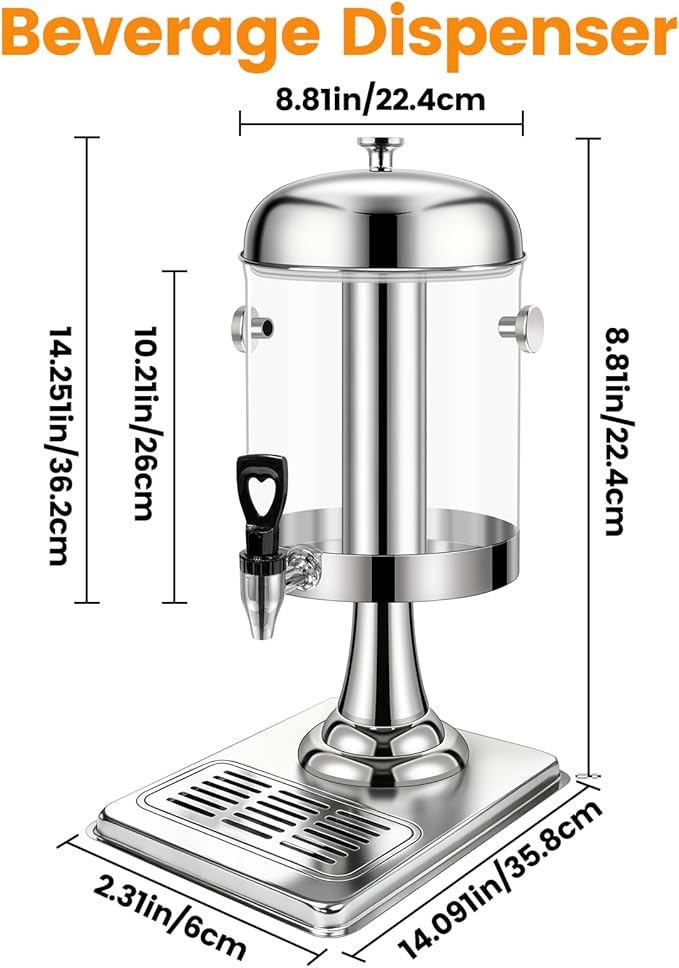 2.2 Gallon Beverage Dispenser with Stand, Drink Dispenser for Parties, Stainless Steel Juice Dispensers with Spigot,Ice Core and Tray,Cold beverage dispenser for Parties, Buffet Cafeterias, Homes