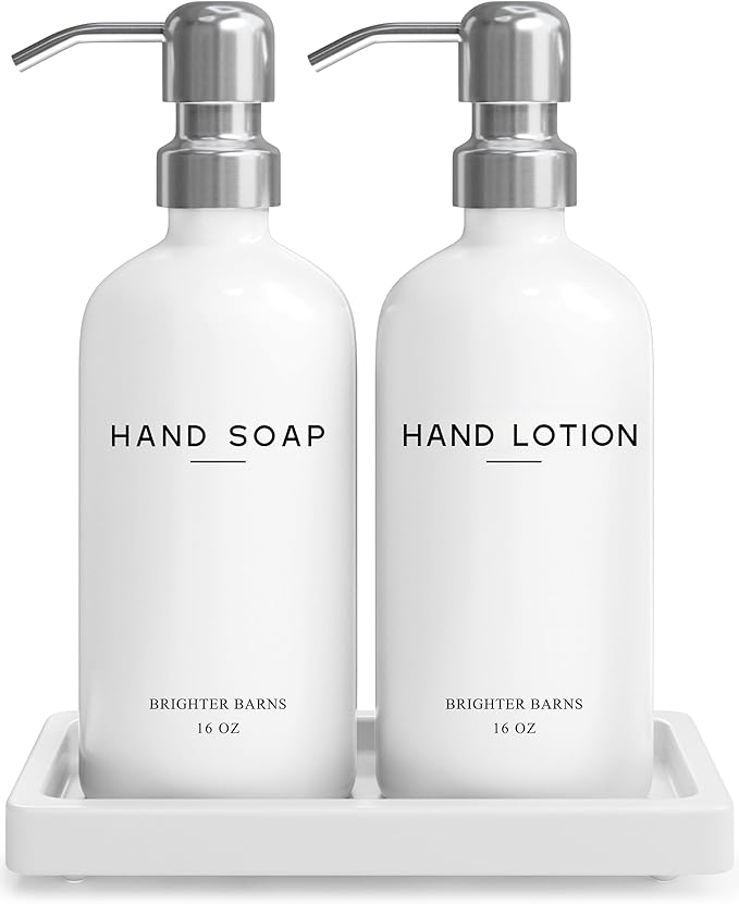 White Glass Soap and Lotion Dispenser Set by Brighter Barns - Bathroom Soap Dispenser Set Tray - Liquid Hand Soap Dispenser Pump - Modern Bathroom Accessories for Guest, Hotel, Spa, Restaurant (White) by BrighterBarns