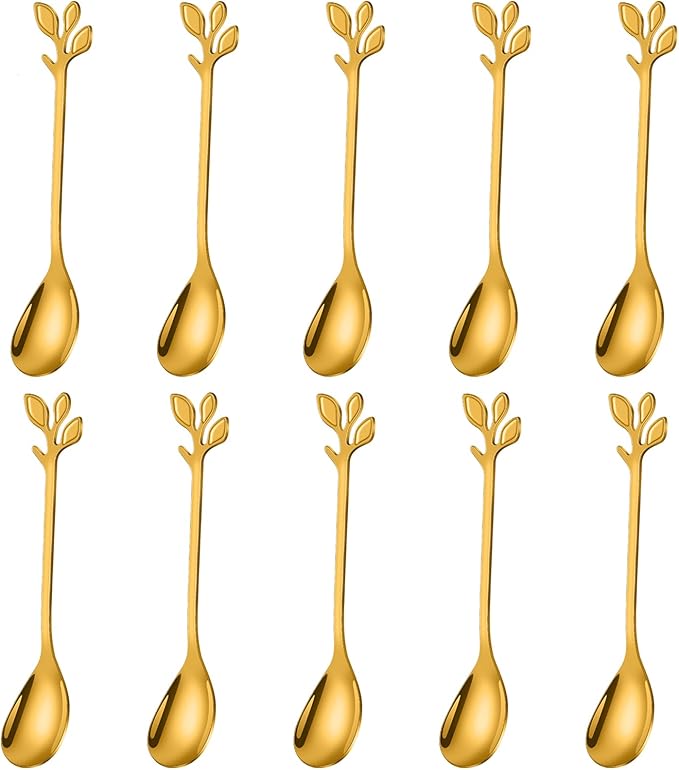 AnSaw Elegant Gold Leaf Coffee Spoons - 10-Piece, 4.7" Mini Stainless Steel Espresso & Dessert Tea Spoons, Perfect for Demitasse & Small Servings by AnSaw