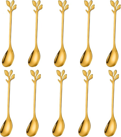AnSaw Elegant Gold Leaf Coffee Spoons - 10-Piece, 4.7" Mini Stainless Steel Espresso & Dessert Tea Spoons, Perfect for Demitasse & Small Servings by AnSaw