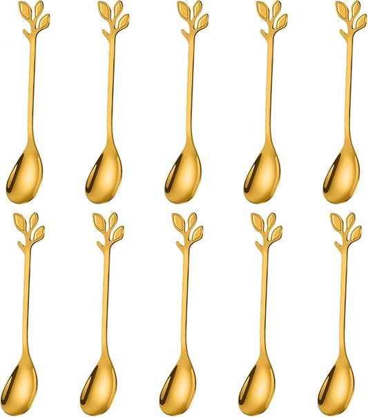 AnSaw Elegant Gold Leaf Coffee Spoons - 10-Piece, 4.7" Mini Stainless Steel Espresso & Dessert Tea Spoons, Perfect for Demitasse & Small Servings by AnSaw