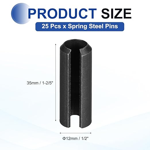 MECCANIXITY 25Pcs Slotted Split Roll Pins 1/2 Inch(12mm) Dia. 1-2/5 Inch(35mm) Length 65Mn Steel Spring Tension Expansion Dowels for Secure Fastening, Black