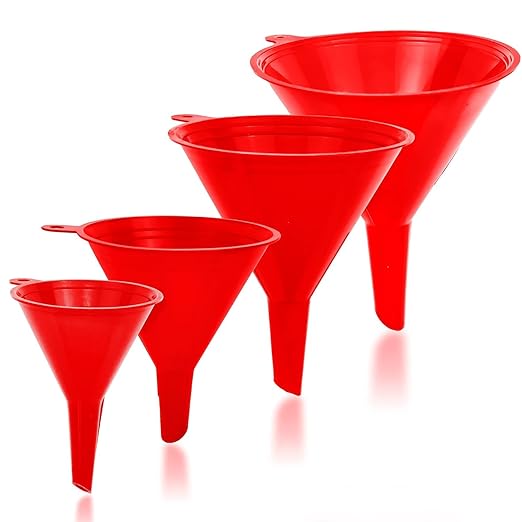 Funnel for Kitchen Use – Red Set in 4 Sizes (122, 101, 76 & 50mm) | Durable, Non-Toxic Food Grade Plastic – Ideal for Filling Bottles, Jars & Containers | Perfect for Kitchen, Garage & Labs by LIQVEE