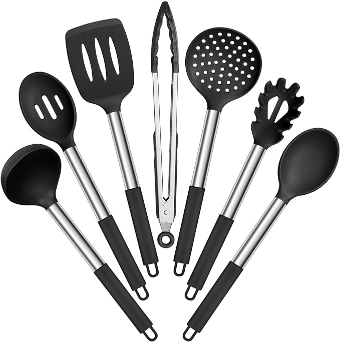 E-far Silicone Cooking Utensils Set, 7 Pcs Heat Resistant Kitchen Utensils with Stainless Steel Handle, Slotted Turner, Spoon, Soup Ladle, Pasta Server, Skimmer, Tongs for Nonstick Cookware, Black by E-far