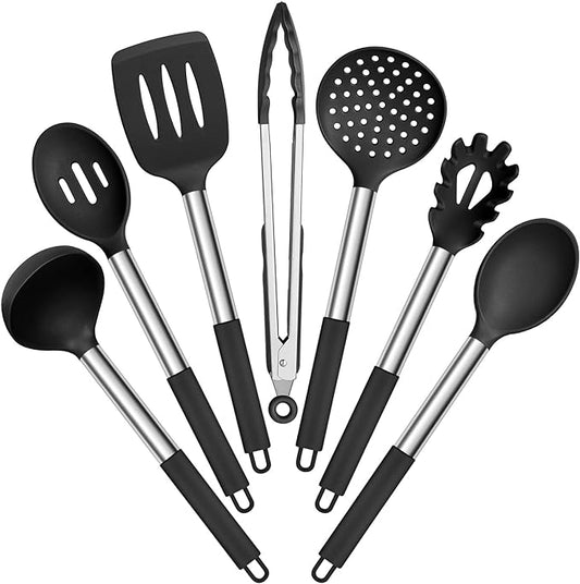 E-far Silicone Cooking Utensils Set, 7 Pcs Heat Resistant Kitchen Utensils with Stainless Steel Handle, Slotted Turner, Spoon, Soup Ladle, Pasta Server, Skimmer, Tongs for Nonstick Cookware, Black by E-far