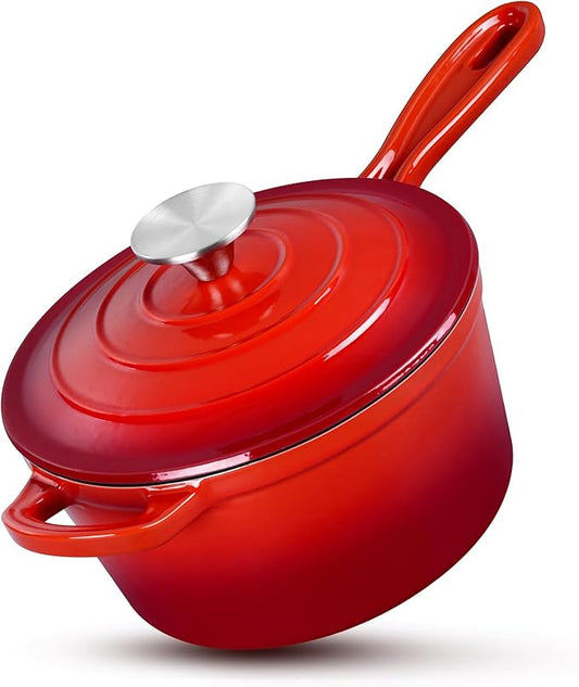 HaSteeL 2 QT Cast Iron Saucepan, Mini Enamel Dutch Oven with Lid, Small Non Stick Pan for Milk, Pasta Tomato Sauce, Butter, Breakfast, Soup, Suitable for Boiling Stewing Frying, Easy to Clean, Red