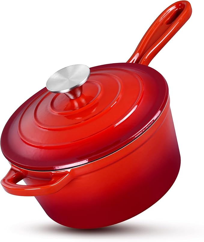 HaSteeL 1 QT Cast Iron Saucepan, Mini Enamel dutch oven with lid, Small Non Stick Pan for Milk, Pasta Tomato Sauce, Butter, Breakfast, Soup, Suitable for Boiling Stewing Frying, Easy to Clean, Red