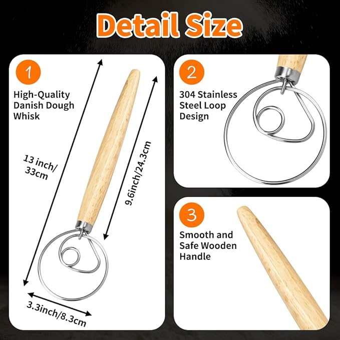 Polly Online Dough Whisk,Wooden Handle Danish Sourdough Whisk with Stainless Steel Dough Hook for Bread, Pastry or Pizza Dough 13 Inch 1-PACK - Image 5