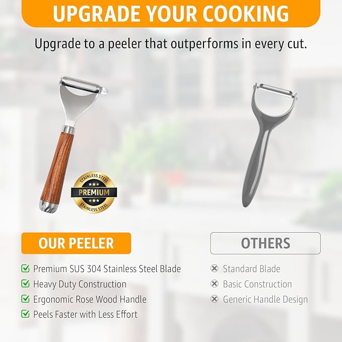 Potato Peeler Wooden Handle, Y Peeler Multifunctional Vegetable Peeler, Rosewood & Stainless Steel, Ultra Sharp Swivel Blade, Fruit & Veggie Peeler, Eye Remover