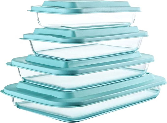 8-Piece Deep Glass Baking Dish Set with Plastic lids,Rectangular Glass Bakeware Set with Lids, Baking Pans for Lasagna, Leftovers, Cooking, Kitchen, Freezer-to-Oven and Dishwasher, Green by MMCIRCO