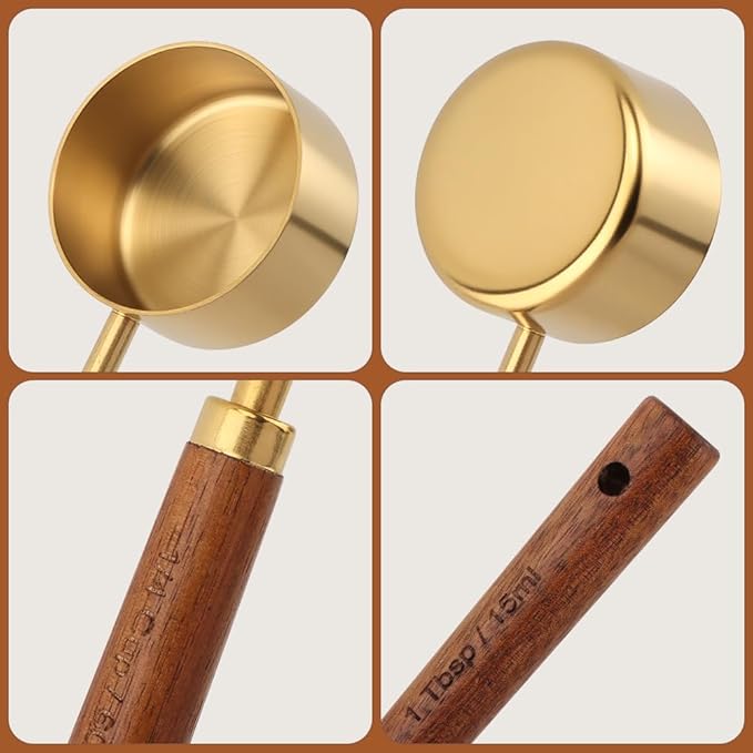 8Pcs Gold Measuring Cups and Spoons Set, Golden Stainless Steel Measuring Cups with Wooden Handle and 4 Measuring Spoons Set for Kitchen Baking Cooking - Image 3