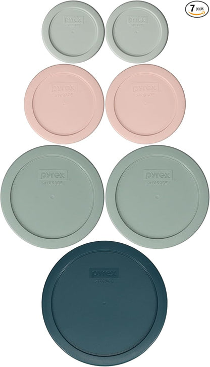 Pyrex (2) 7202-PC 1 Cup White Mint, (2) 7200-PC 2 Cup Rosewater Pink, (2) 7201-PC 4 Cup Tranquil Green, (1) 7402-PC 6/7 Cup Tarragon Green Food Storage Replacement Lids – Made in the USA by Pyrex