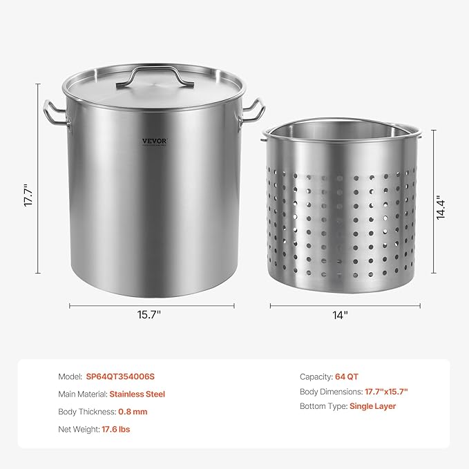 VEVOR Stainless Steel Stockpot, 64 Quart Large Cooking Pots, Cookware Sauce Pot with Basket, Lid, and Handle, Heavy Duty Commercial Grade Stock Pot, Sanding Treatment, for Large Groups Events Silver - Image 7