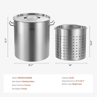 VEVOR Stainless Steel Stockpot, 64 Quart Large Cooking Pots, Cookware Sauce Pot with Basket, Lid, and Handle, Heavy Duty Commercial Grade Stock Pot, Sanding Treatment, for Large Groups Events Silver - Image 7