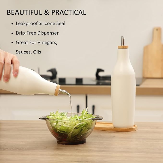 HOMCDALY Ceramic Olive Oil Dispenser for Kitchen, Stoneware 16oz Oil and Vinegar Bottles Dispenser, Kitchen Dispenser Bottle for EVOO Vinegar Syrups, Modern Farmhouse Design(W) - Image 4