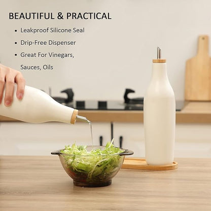 HOMCDALY Ceramic Olive Oil Dispenser for Kitchen, Stoneware 16oz Oil and Vinegar Bottles Dispenser, Kitchen Dispenser Bottle for EVOO Vinegar Syrups, Modern Farmhouse Design(W) - Image 4