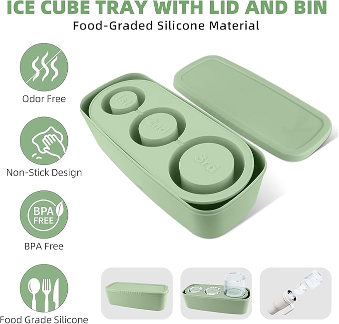 Tcamp Ice Cube Tray for 30 oz Tumbler Cup Ice Mold, 3 Pcs Silicone Hollow Cylinder Ice Tray with Lid and Bin for Freezer, Ice Drink, Juice, Whiskey, Cocktail (Green)