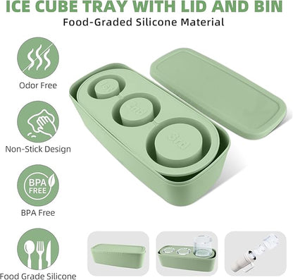 Tcamp Ice Cube Tray for 30 oz Tumbler Cup Ice Mold, 3 Pcs Silicone Hollow Cylinder Ice Tray with Lid and Bin for Freezer, Ice Drink, Juice, Whiskey, Cocktail (Green)