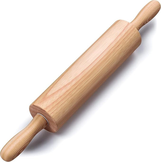 Wooden Rolling Pin 17.6 Inch with Rotating Ergonomic Handles – Classic Beech Wood Dough Roller for Baking Pizza, Pastry, Bread, and Cookies by HelferX