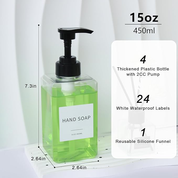 Clear Soap Dispenser with Waterproof Labels, Thickened Plastic Hand Soap Dispenser for Bathroom, Kitchen Dish Washing Liquid Bottles, Shampoo and Conditioner Bottles with Funnel (15oz 4Pack Clear) - Image 2