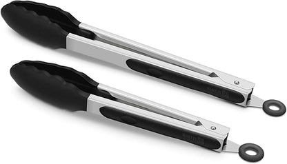 2 Pack Black Kitchen Tongs, Premium Silicone BPA Free Non-Stick Stainless Steel BBQ Cooking Grilling Locking Food Tongs, 9-Inch & 12-Inch by ALLWIN-HOUSEWARE