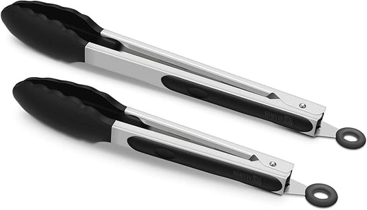 2 Pack Black Kitchen Tongs, Premium Silicone BPA Free Non-Stick Stainless Steel BBQ Cooking Grilling Locking Food Tongs, 9-Inch & 12-Inch by ALLWIN-HOUSEWARE