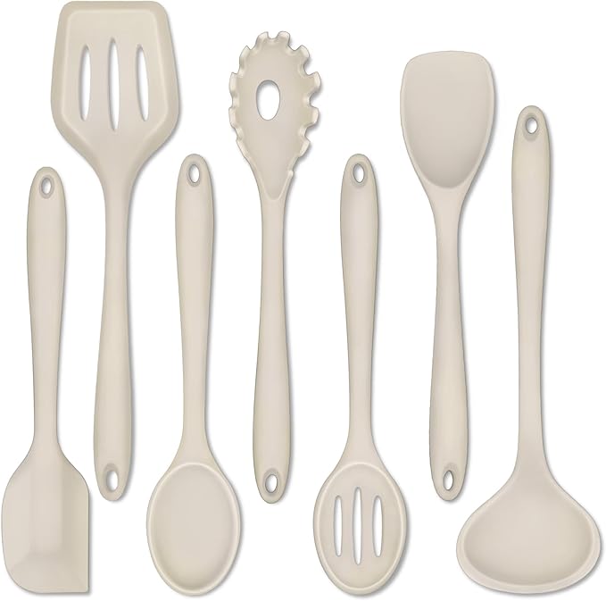 P&P CHEF Silicone Cooking Utensils Set of 7, Heat-proof Kitchen Utensils Set for Nonstick Cookware, Non-stick Spatula, Slotted Turner, Soup Ladle, Pasta Server, Spoon for Cooking Serving - Khaki by PPCHEF