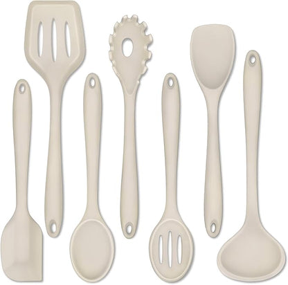 P&P CHEF Silicone Cooking Utensils Set of 7, Heat-proof Kitchen Utensils Set for Nonstick Cookware, Non-stick Spatula, Slotted Turner, Soup Ladle, Pasta Server, Spoon for Cooking Serving - Khaki by PPCHEF