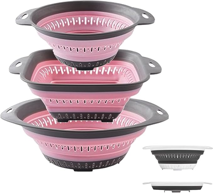 Collapsible Colander and Strainer,Silicone Strainer Colanders & Food Strainers,for Vegetable and Fruit, Kitchen Essentials (3, Pink, 1.3L+2.1L+2.5L) by LogFaadCoi