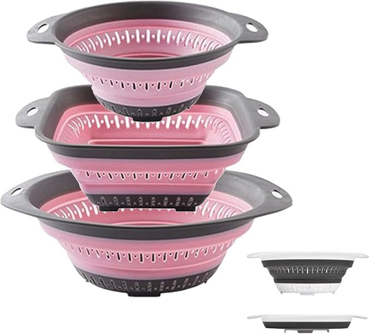 Collapsible Colander and Strainer,Silicone Strainer Colanders & Food Strainers,for Vegetable and Fruit, Kitchen Essentials (3, Pink, 1.3L+2.1L+2.5L) by LogFaadCoi