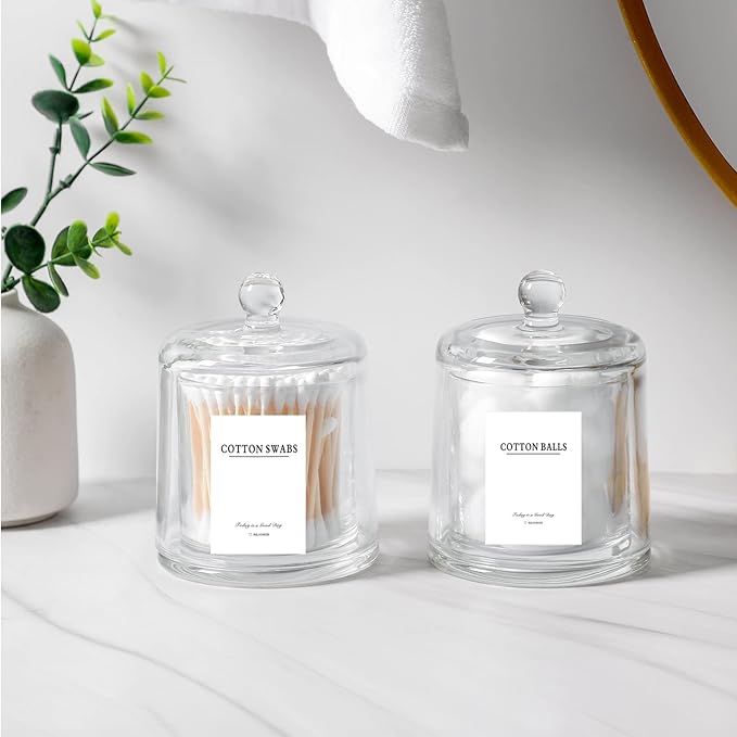 rejomiik 2 Pack Qtip Holder Thick Glass Apothecary Jars with Lid for Bathroom Accessories Vanity Organizers and Makeup Storage for Cotton Ball, Swabs, Makeup Sponges, Candy, Jewelry, Clear
