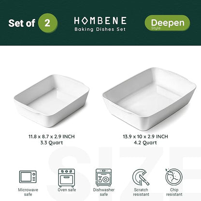 HOMBENE Ceramic Baking Dish Set for 2, Casserole Dish,Ceramic Baking Pan, Bakeware for Baking, Kitchen Decor, Microwave Oven Safe (3.3QT/4.2QT) - Image 2