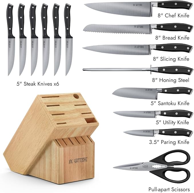Yatoshi 15 Piece Black Knife Block Set - Pro Kitchen Knife Set Ultra Sharp High Carbon Stainless Steel with Ergonomic Handle - Image 2