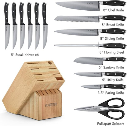 Yatoshi 15 Piece Black Knife Block Set - Pro Kitchen Knife Set Ultra Sharp High Carbon Stainless Steel with Ergonomic Handle - Image 2