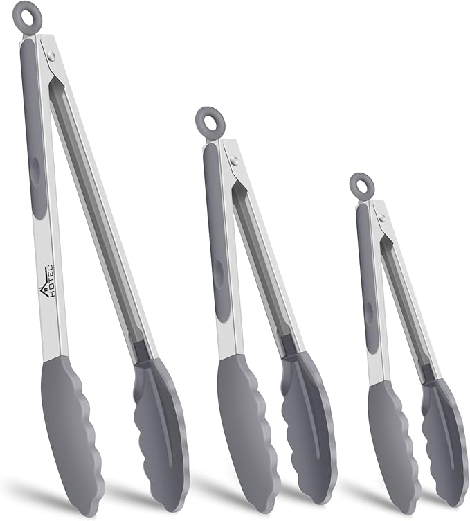 HOTEC Premium Stainless Steel Locking Kitchen Tongs with Silicon Tips, Set of 3-7", 9" and 12" (Grey) by Hotec