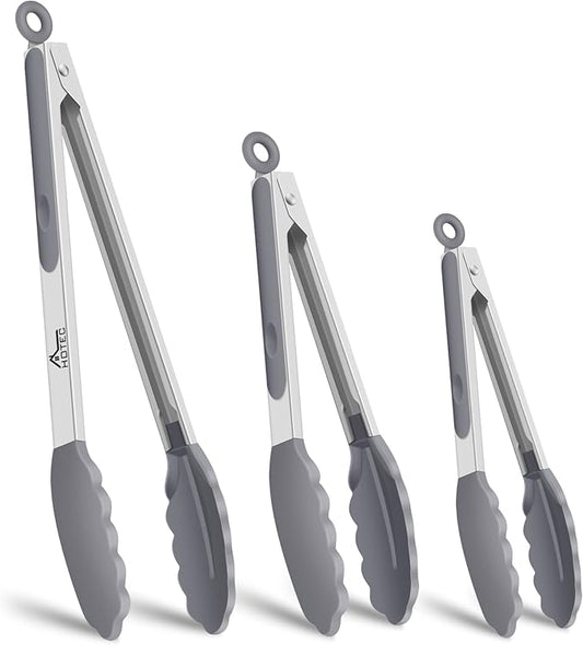 HOTEC Premium Stainless Steel Locking Kitchen Tongs with Silicon Tips, Set of 3-7", 9" and 12" (Grey) by Hotec