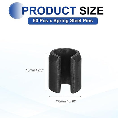 MECCANIXITY 60Pcs Slotted Split Roll Pins 3/10 Inch(8mm) Dia. 2/5 Inch(10mm) Length 65Mn Steel Spring Tension Expansion Dowels for Secure Fastening, Black