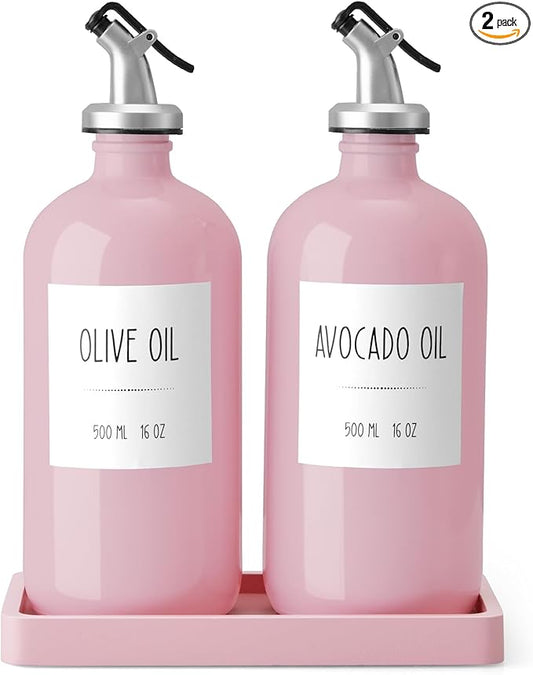 Olive Oil Dispenser Bottle for Kitchen, 16oz Glass Oil and Vinegar Dispenser Set with Wood Tray & 54 Labels - Coffee Syrup Dispenser - Pink Kitchen Decor and Accessories - Set of 2 by Unknown