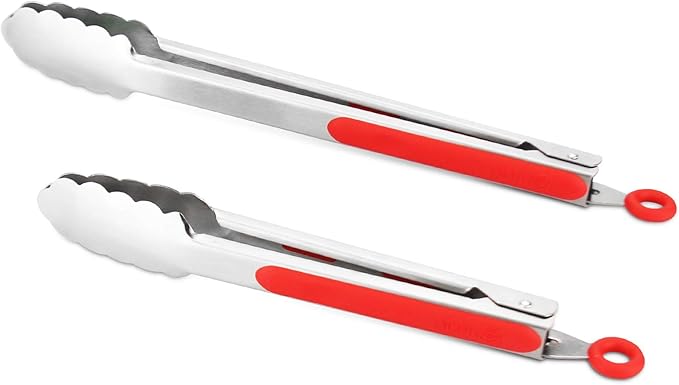 Premium 304 Stainless Steel Tongs Set – 12" Grill Tongs & 9" Cooking Tongs, Heat Resistant up to 600°F, Wavy Grip Head, Non‑Slip Handle with Locking Clip & Hanging Loop, Dishwasher Safe, Red by ALLWIN-HOUSEWARE