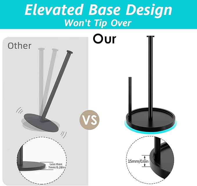 Paper Towel Holder Countertop, Standing Paper Roll Holder with Anti Slip Weighted Base, Stainless Steel Freestanding Paper Towel Holder for Kitchen, Black - Image 2