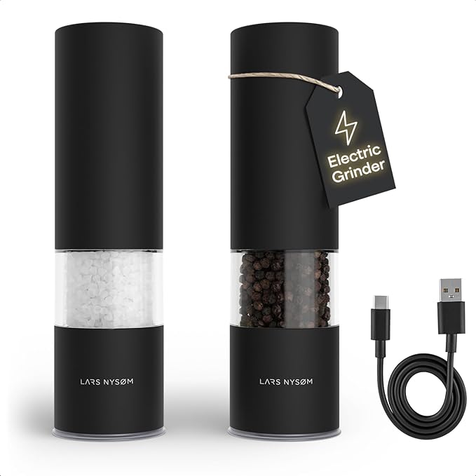 LARS NYSØM Electric Salt and Pepper Grinder Set I Automatic Salt and Pepper Mills with Adjustable Ceramic Grinder I USB Rechargeable Electric Spice Mill Set with LED Light (Carbon Black) by LN
