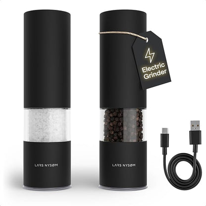 LARS NYSØM Electric Salt and Pepper Grinder Set I Automatic Salt and Pepper Mills with Adjustable Ceramic Grinder I USB Rechargeable Electric Spice Mill Set with LED Light (Carbon Black) by LN