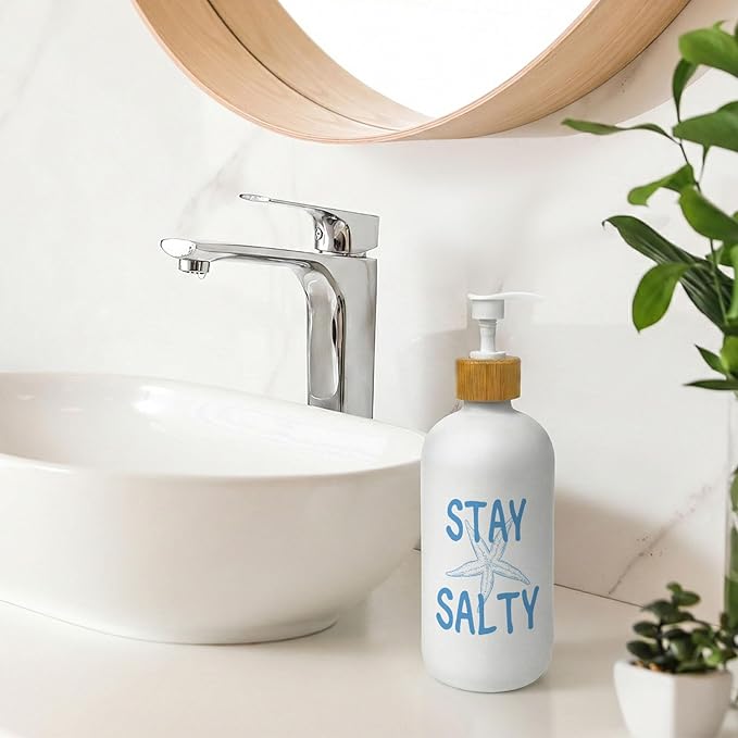 Blue Coastal Starfish Soap Dispenser, Beach Summer Glass Dish Soap Dispenser for Kitchen, Nautical Ocean Refillable Handsoap Pump Bottle for Bathroom Countertop Kitchen