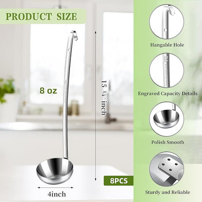 8pcs Stainless Steel Ladle 8 Oz Soup Ladle 14" long Spoon Heavy-Duty Metal Spoon Sets big spoons for cooking Serving Soups, Gravy, Portioning, Stirring - Image 3