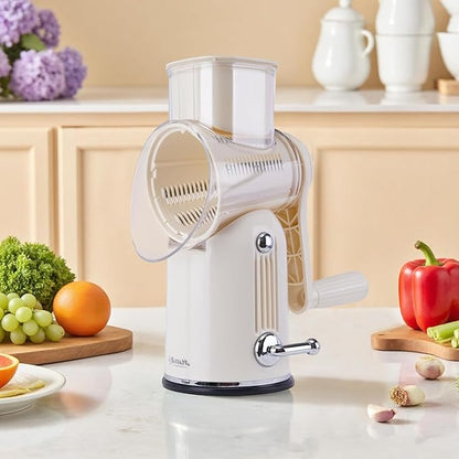 5-in-1 Rotary Cheese Grater Vegetable Slicer with Handle - Upgraded Hand Crank Cheese Grater with Handle and Strong Suction Base, Multi-Purpose Slicer with 5 Blades (White) - Image 2