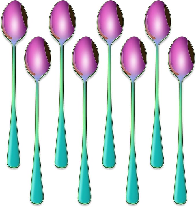 7.5 Inches Rainbow Stainless Steel Ice Tea Spoon,Set Of 8 Long Handle Coffee Stirring Spoons,Multicolored Sundae Spoons,Colorful Cocktail Mixing Spoon by DEHOVKitchen