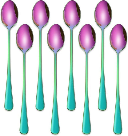 7.5 Inches Rainbow Stainless Steel Ice Tea Spoon,Set Of 8 Long Handle Coffee Stirring Spoons,Multicolored Sundae Spoons,Colorful Cocktail Mixing Spoon by DEHOVKitchen