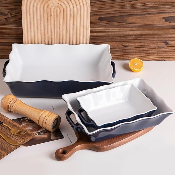 Sweejar Casserole Dishes for Oven, Ceramic Bakeware Set of 3, Rectangular Baking dish with Handles, Wave Edge Lasagna Pan Deep for Cooking, Cake, Dinner, Banquet and Daily Use (Navy) - Image 3